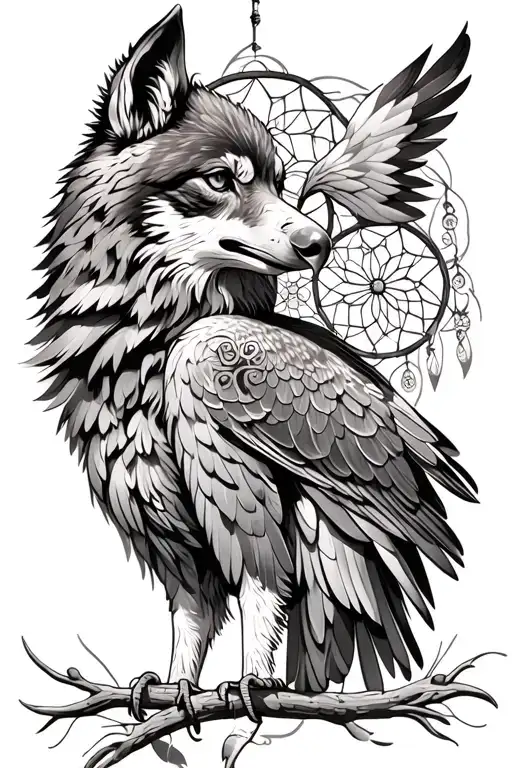 wolf consoling eagle with love dreamcatcher tattoo design idea