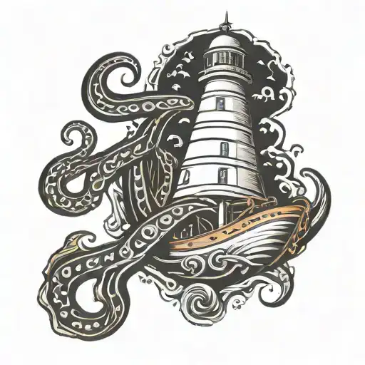 nautical ship with lighthouse and octopus tentacles tattoo design idea