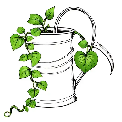 A trailing pothos vine gently wrapped around a watering can it’s holding up to its own pot tattoo design idea