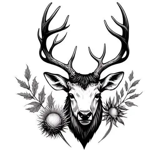 thistle and stag head tattoo design idea