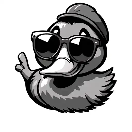 cartoon duck with sunglasses sticking up the middle finger tattoo design idea
