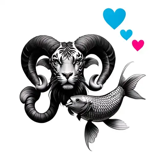 Aries ram godess,tiger,koi carp,8889,3 blue hearts, 2 pink tattoo design idea