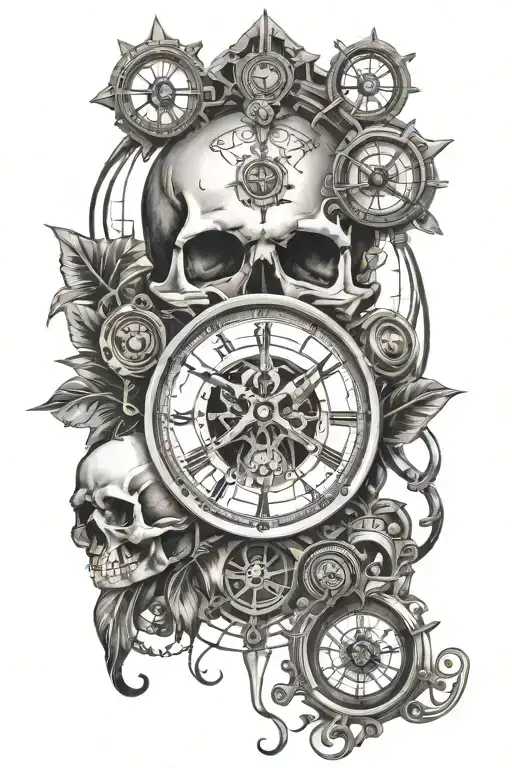 skull surrounded by a clock and compass design jail bars for the eyes  tattoo design idea