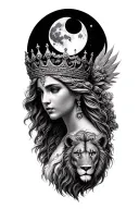 black & grey realism greek goddess of motherhood and beauty wearing a crown with a lion and the moon tattoo design idea