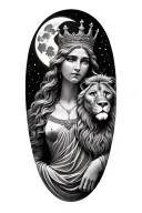 black & grey realism greek goddess of motherhood and beauty wearing a crown with a lion and the moon tattoo design idea