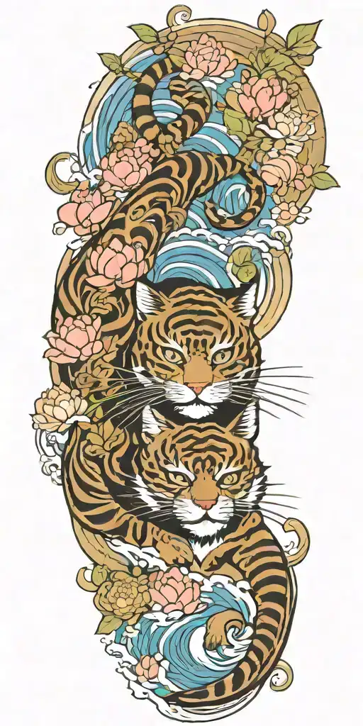 samurai cat, water, waves, lotus, sakura, clouds, whirlpool, leaves, peony, tree tattoo design idea