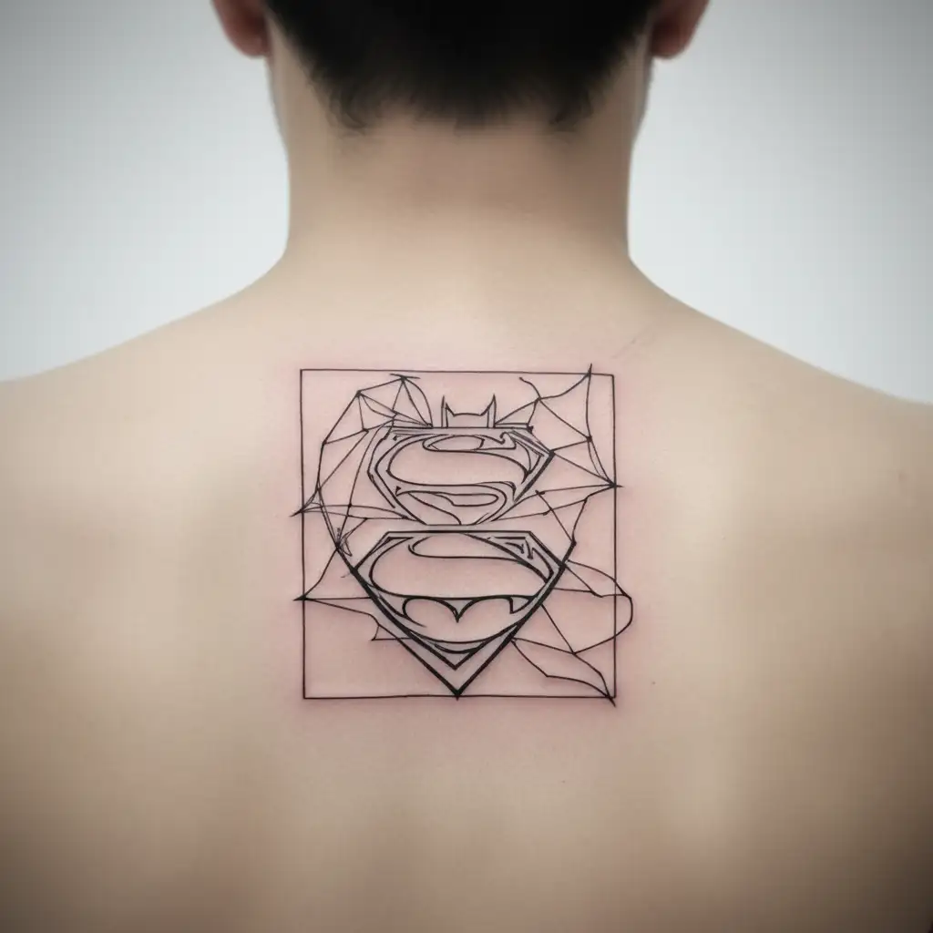 batman and superman symbol intertwined and made entirely of intricate tattoo design idea