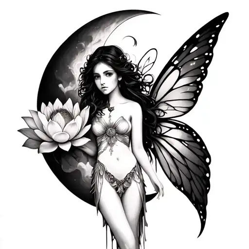 A fairy with wings, half moon, lotus flower tattoo design idea