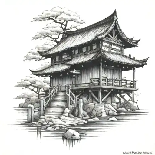 japanese samuri looking sideways with a traditoinal japanese house behind. i also want a small bridge over water.  tattoo design idea
