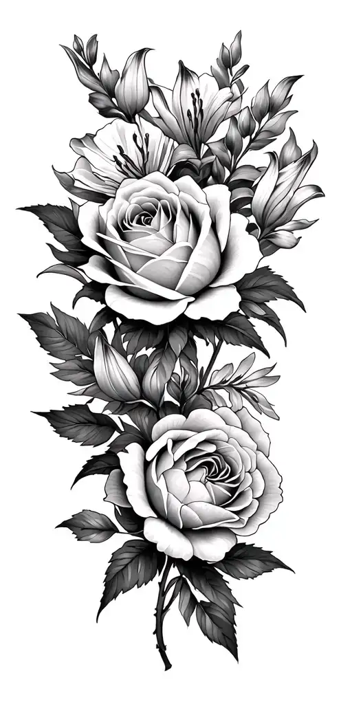 roses, peonies, and lilys tattoo design idea