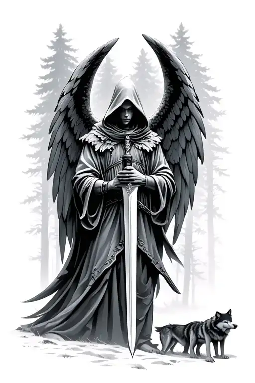 hooded guardian angel forward facing holding a sword surrounded by wolves and forest tattoo design idea
