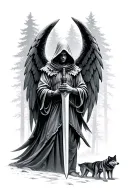 hooded guardian angel forward facing holding a sword surrounded by wolves and forest tattoo design idea