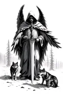 hooded guardian angel forward facing holding a sword surrounded by wolves and forest tattoo design idea
