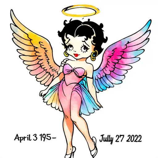 Betty boop having wings and an halo with the dates apirl 3 1955- July 27 2022 and some color  tattoo design idea