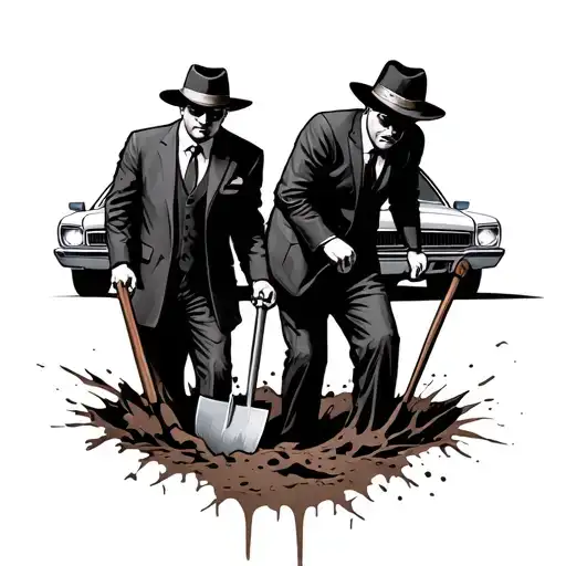 mafia digging a hole for men in suits with a shovel and a car with the headlight on behind them realistic tattoo design idea