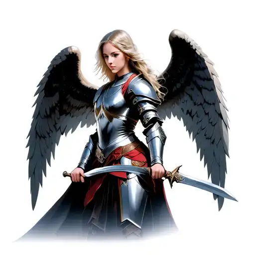 a light-haired female angel in armor, holding a sword pointed down, looking into the distance tattoo design idea