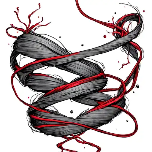 The red string becomes one clean, continuous line	•	It gently twists like a DNA / fate thread (no sparkles, no dust)	• tattoo design idea