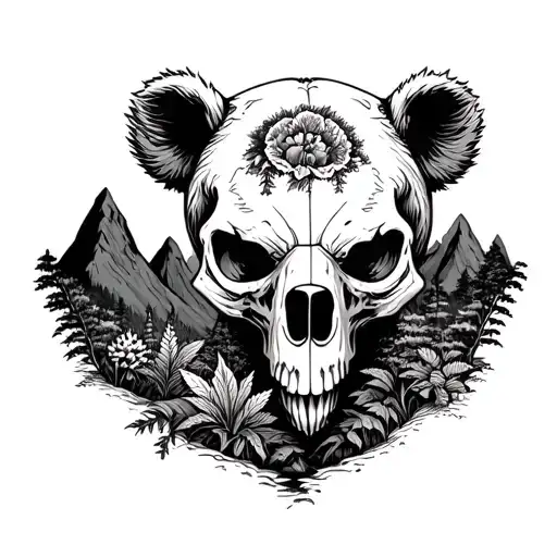 Bear skull surrounded by mountains and plants Horror tattoo design idea