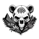 Bear skull surrounded by mountains and plants Horror tattoo design idea