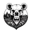 Bear skull surrounded by mountains and plants Horror tattoo design idea