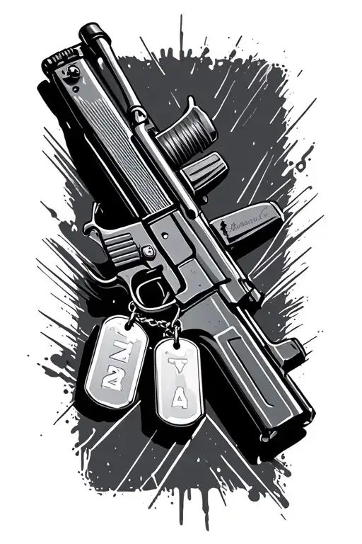 Military rifle with dog tags hanging tattoo design idea