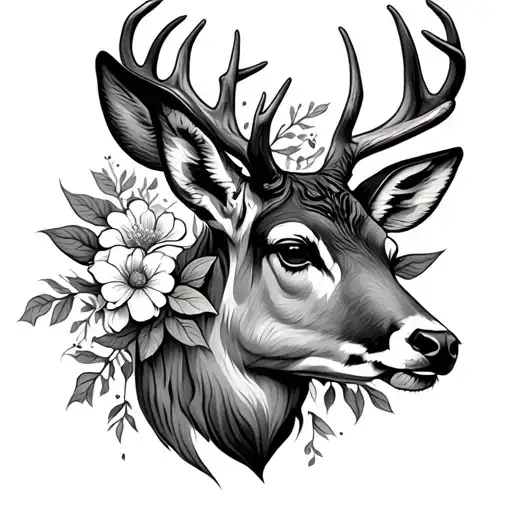 deer head flowers intertwined tattoo design idea