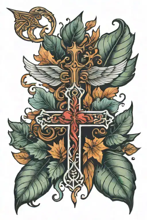 fall leaf, cross, angel wings, and heart tattoo design idea