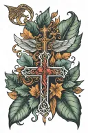 fall leaf, cross, angel wings, and heart tattoo design idea