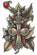 fall leaf, cross, angel wings, and heart tattoo design idea