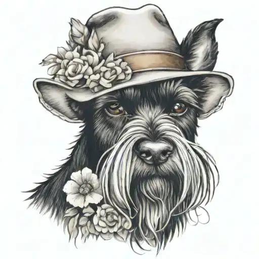 all black schnauzer with cowgirl hat and brown eyes and a collar and flowers looking to the side tattoo design idea