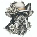 all black schnauzer with cowgirl hat and brown eyes and a collar and flowers looking to the side tattoo design idea