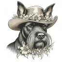 all black schnauzer with cowgirl hat and brown eyes and a collar and flowers looking to the side tattoo design idea