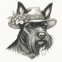 all black schnauzer with cowgirl hat and brown eyes and a collar and flowers looking to the side tattoo design idea