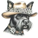 all black schnauzer with cowgirl hat and brown eyes and a collar and flowers looking to the side tattoo design idea