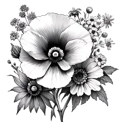 composition with poppy, a pansy, a forget-me-not, a chrysanthemum, mimosa, a belladonna, a Hélène and a cornflower tattoo design idea