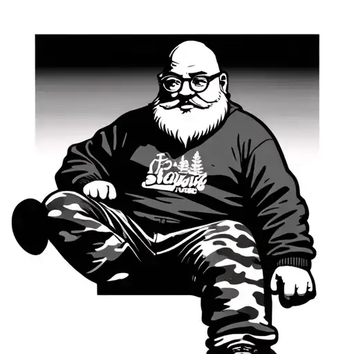 garden nome that is bald with glasses and is waring a jumper with black and white camo jogging bottoms on tattoo design idea