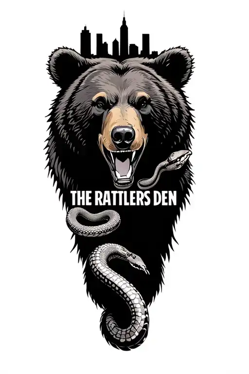 Pittsburgh city skyline, bears, rattlesnakes and a phrase that says the rattlers den  tattoo design idea