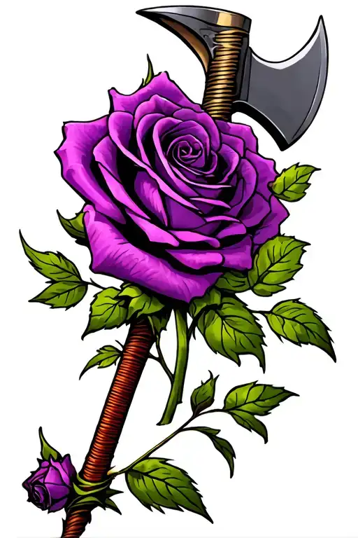 purple rose with war axe back ground paying respect tattoo design idea