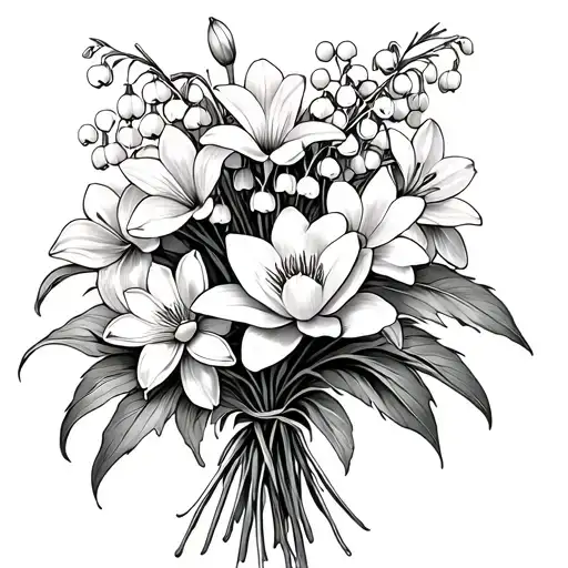 bouquet of lily of the valley, sweet peas, daffodils, and water lily fine line drawing tattoo design idea