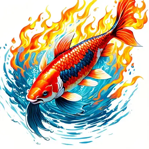 Koi fish swim in fire in the middle of a double -edged sword tattoo design idea
