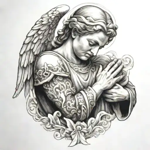 r with angel praying hands tattoo design idea