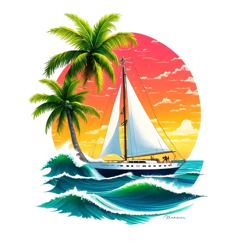 white sailboat, sunrise sky background island palm tree. calm ocean waves, bright and vibrant colors tattoo design idea