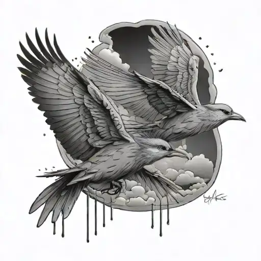 Birds and rain clouds fading with the name Jermaine tattoo design idea