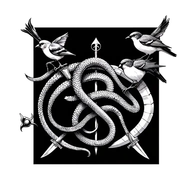 medical symbol snake and swords and 3 little birds tattoo design idea