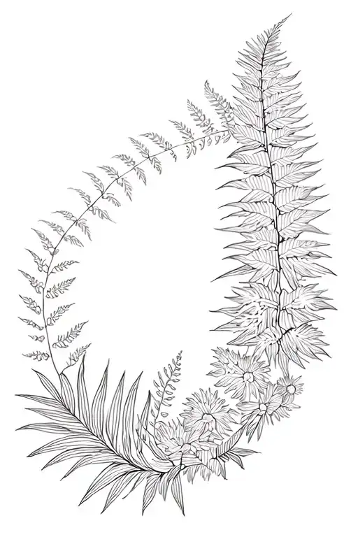 A Flowing, Vertical Arrangement of NZ Native Plants (Yellow Fern, Harakeke, Pohutukawa, Kawakukawa Wraping aroun tattoo design idea