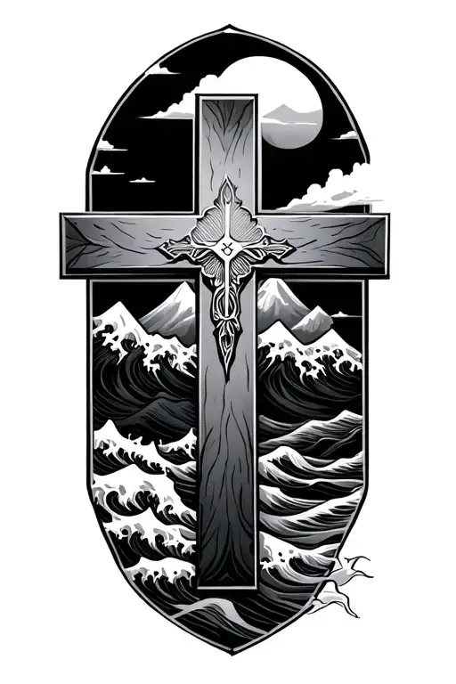 Cross With Mountains and waves neo trad tattoo design tattoo design idea