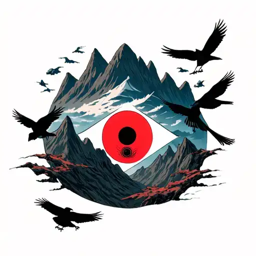 itachi's sharingan and his crows surrounding it with mountains tattoo design idea