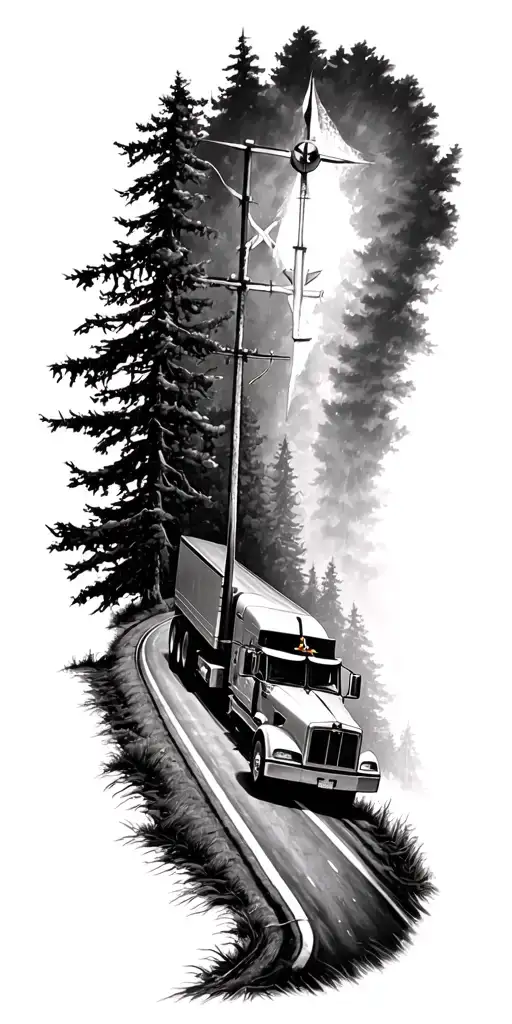 compass road trees peterbilt semi truck tattoo design idea