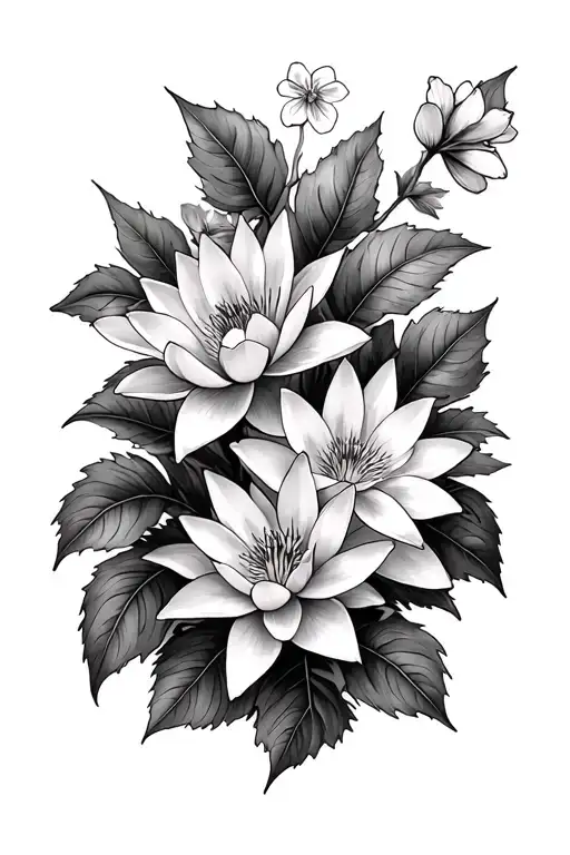 waterlillies, hollies and violets  tattoo design idea