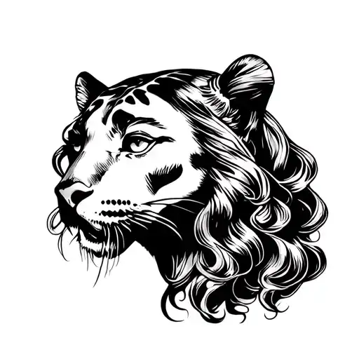 A woman's face that appeared with long wavy hair above a handling panther's head tattoo design idea